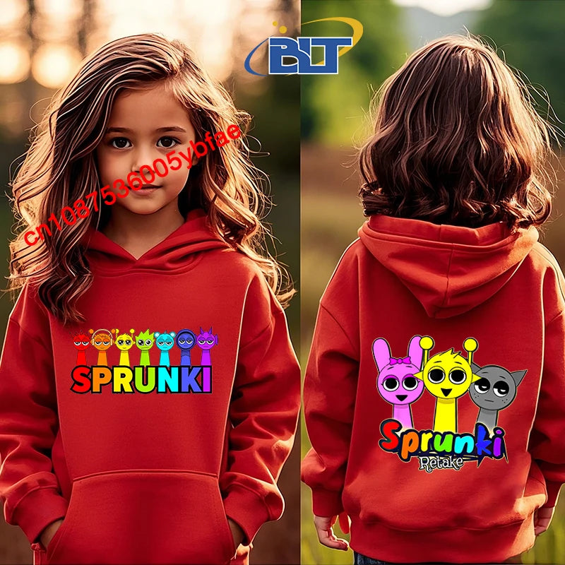 Cartoon Sprunki printed children's clothing kids hoodie red sports sweater casual tops for girls