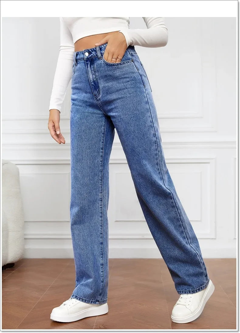 Denim Jeans Women Straight Pants Washing High Waist Loose Pockets Basics Ankle Length Y2k Blue Pants Streetwear Slight Strech