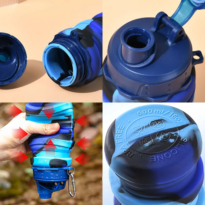 Outdoor Sports Silicone Foldable Water Bottle For Camouflage Creative Travel Reusable Leakproof Water Bottle With Carabiner