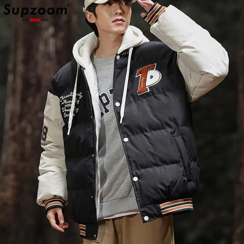 Supzoom New Arrival Casual Embroidery Mens Winter Trendy Fake Two-piece Hooded Bread Suit Couple Cotton-padded Jackets And Coats