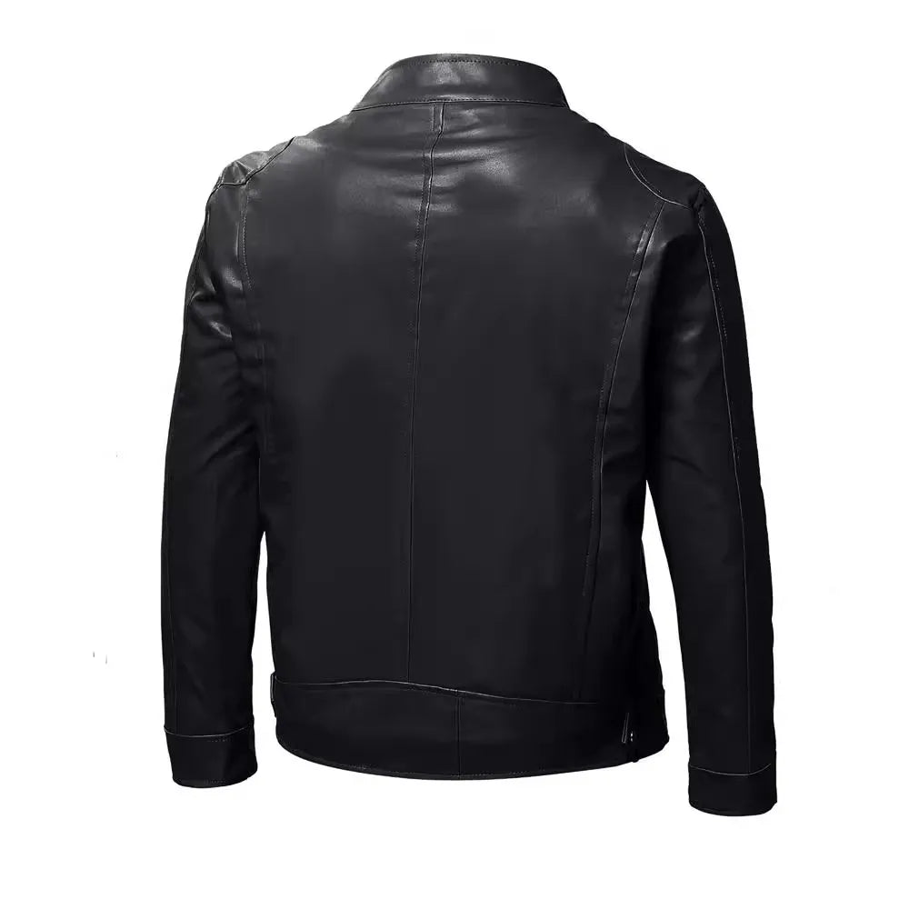 Autumn Mens Stand Collar Jacket Coat Black Leather Motorcycle Jacket Solid Color Zipper Streetwear Winter Warm Biker Jacket Men