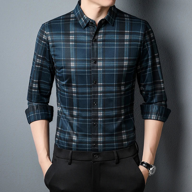 New Men's Plaid Long Sleeve Business Shirt Button Down Shirt