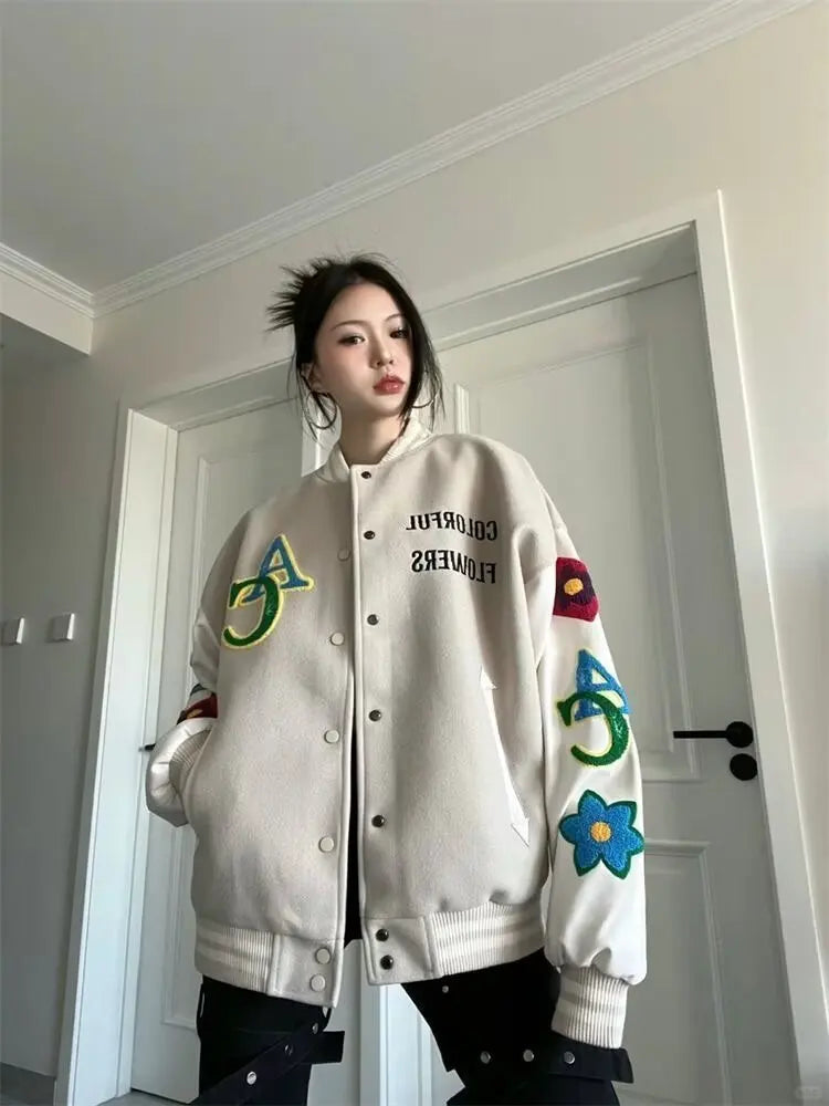 Retro American Embroidered Baseball Uniform Tide Ins Autumn And Winter Korean Version Of Loose Women's Jackets Sweet Coat Women