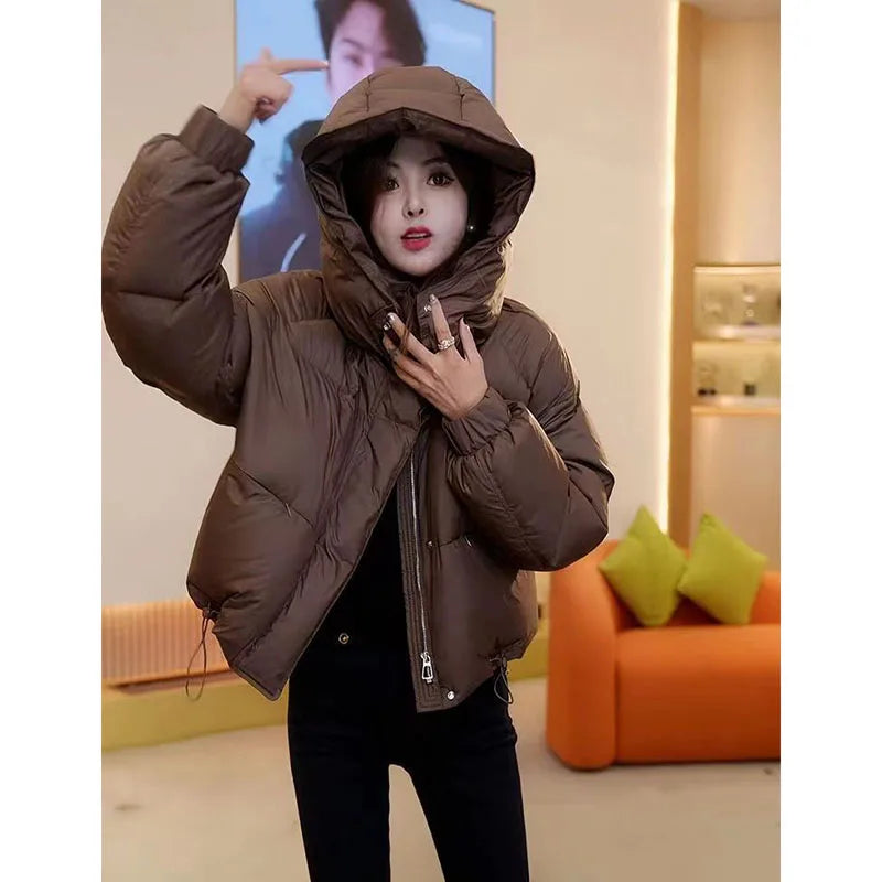 Wear a High-grade Cotton-padded Jacket For Women In Autumn Winter 2024 Solid Color Oxygen Hooded Female Coat With Overcoat