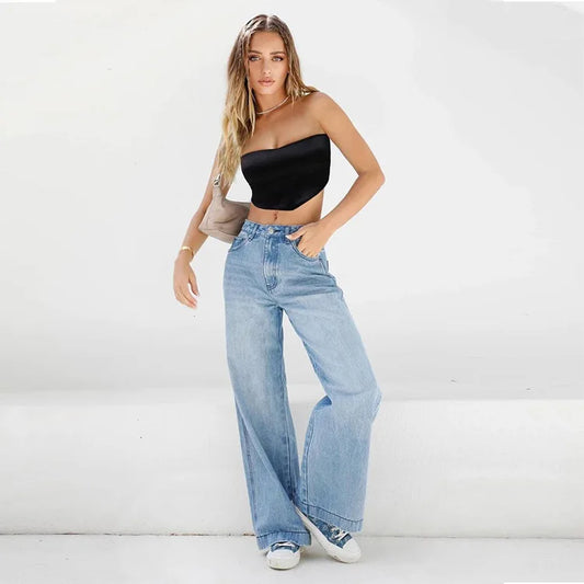 Women Jeans Wide Leg Pants Denim Pockets Streetwear Loose High Waist Full Length Washing Zipper Fly Flat Solid Color 2024