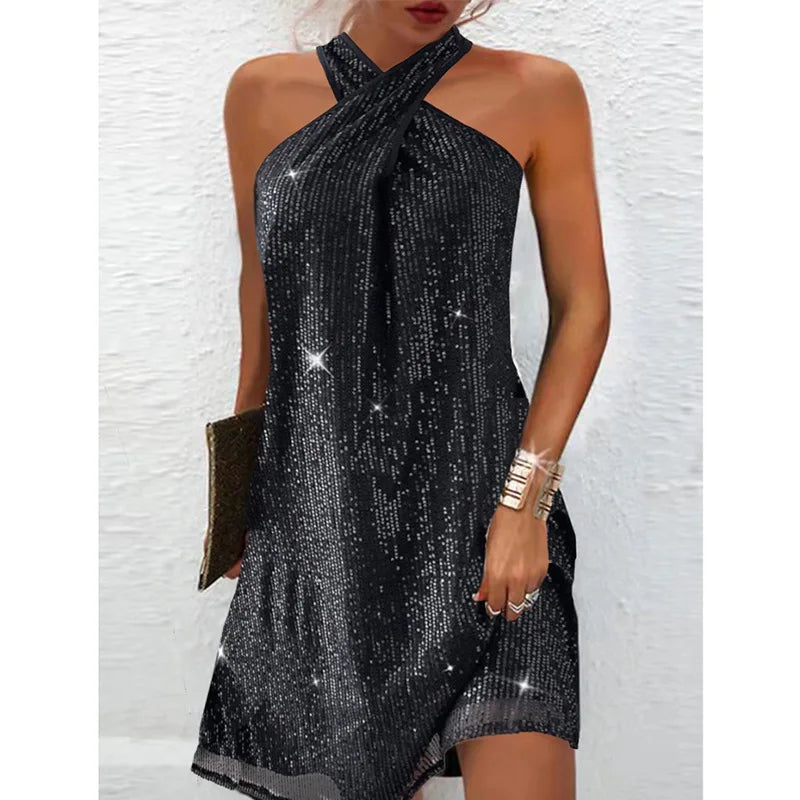 2024 New Casual Loose Skinny Off Shoulder Sexy Sequins Mini Dress for Ladies