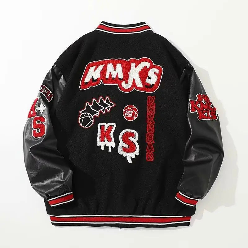 American Vintage Streetwear Black and Red Spliced Embroidered Baseball Jacket Men's and Women's Spring and Autumn Coat Clothes