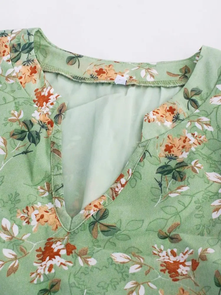 Spring Summer Fashion Women V Neck Short Sleeve Loose Chic Floral Printed Dress