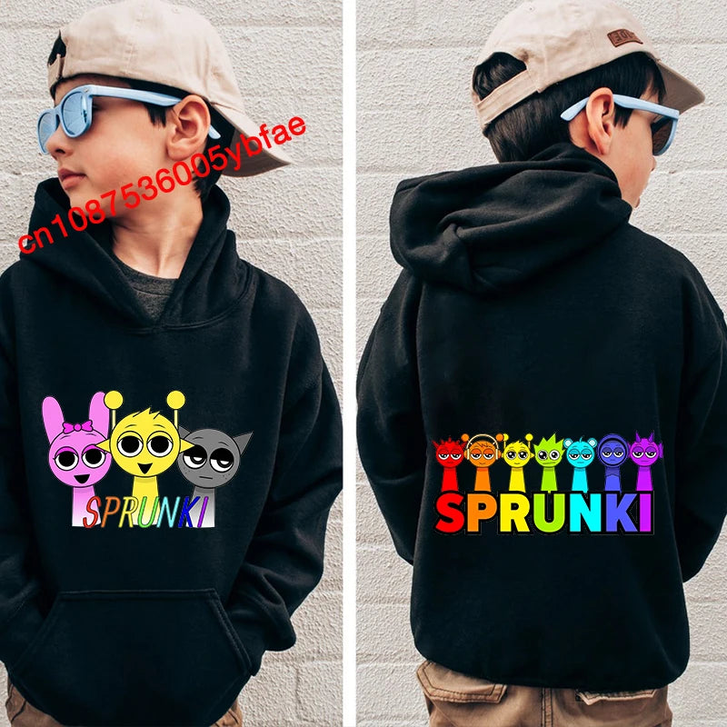 Cartoon Sprunki print kids hoodie black sports sweater casual children's clothing for boys