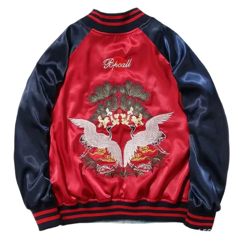 Satin Bomber Jacket Women Men Sukajan Crane Embroidery Coat Hiphop Boys Harajuku Clothing 2025 Autumn Spring