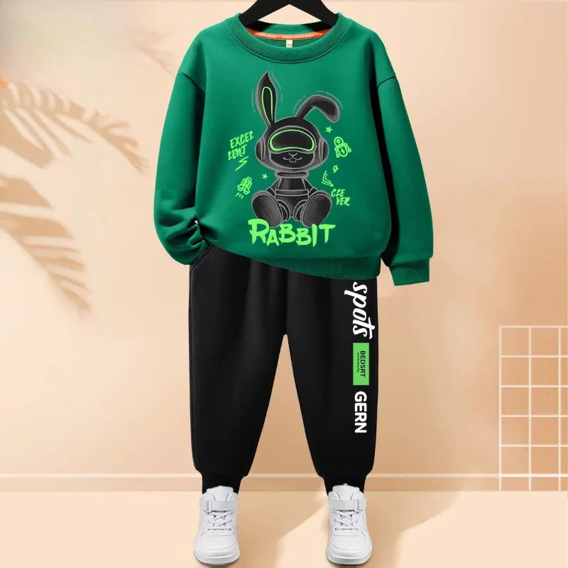 Autumn Children Boy Clothes Set Kid Girls Cartoon Rabbit Printed Sweatshirts Pullover Top And Pants 2 Pieces Suit Tracksuits