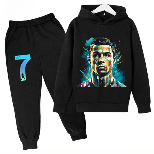 Children's Sports Hoodie Set Sweatshirt Pants 2-piece Set for Boy and Girl Ronaldo Avatar Printed Kid Clothes Baby Set Sportsuit