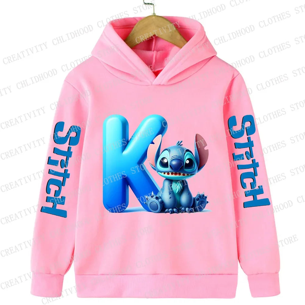 Stitch Children Hoodies 26 English Letters ABCD Kids Winter Pullover Casual Clothes Kid Girl Boy Cartoon Kawaii Tops Sweatshirts