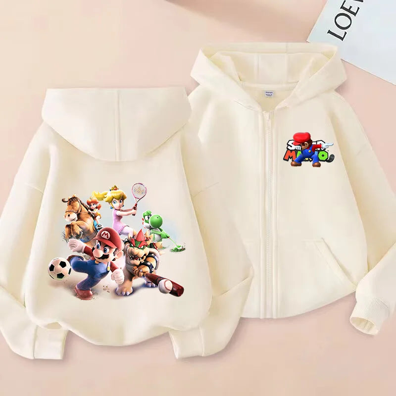 Super Mario Coat Cute Cartoon Game Cardigan Boys Girls Spring Autumn Thin Fashion Harajuku Hooded Zipper Sweatshirt Kids Gift