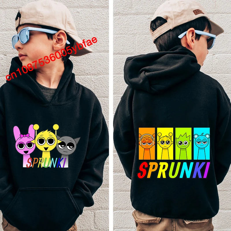 Cartoon Sprunki print kids hoodie black sports sweater casual children's clothing for boys