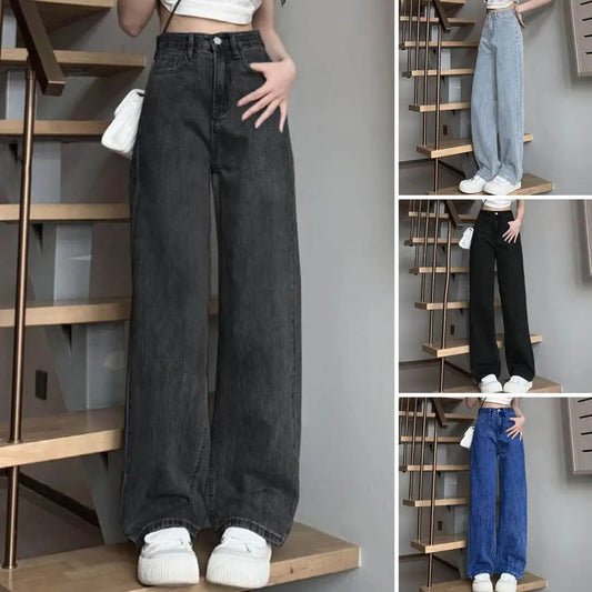 Women Jeans High Waist Button Zipper Closure Vintage Loose Fit Pockets Straight Wide Leg Streetwear Pants Daily Wear Long Trouse