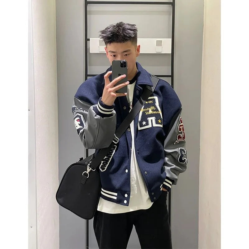 Men's Navy Blue Short Baseball Jacket Spring Autumn Embroidery Single Breasted Long Sleeves Turndown Collar Jackets Coat