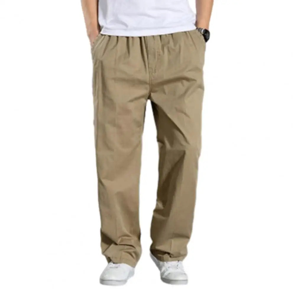 Men Cargo Pants Spring Fall Elastic Waist Drawstring Casual Pants Loose Large Pocket Male Straight Wide Leg Trousers