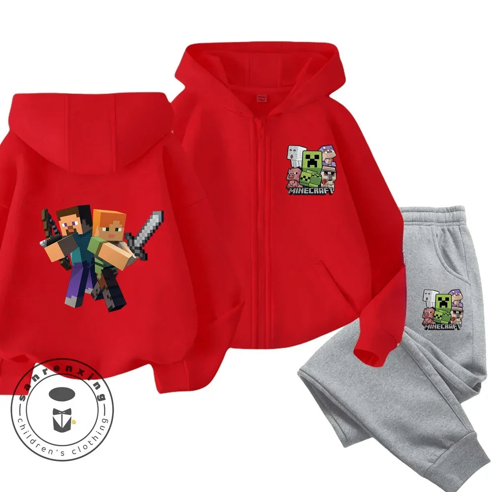 2024 New Minecraft Cherry Printed Hooded Zipper Hoodie Set for Boys and Girls Casual Top Children's Sports Comfort Set