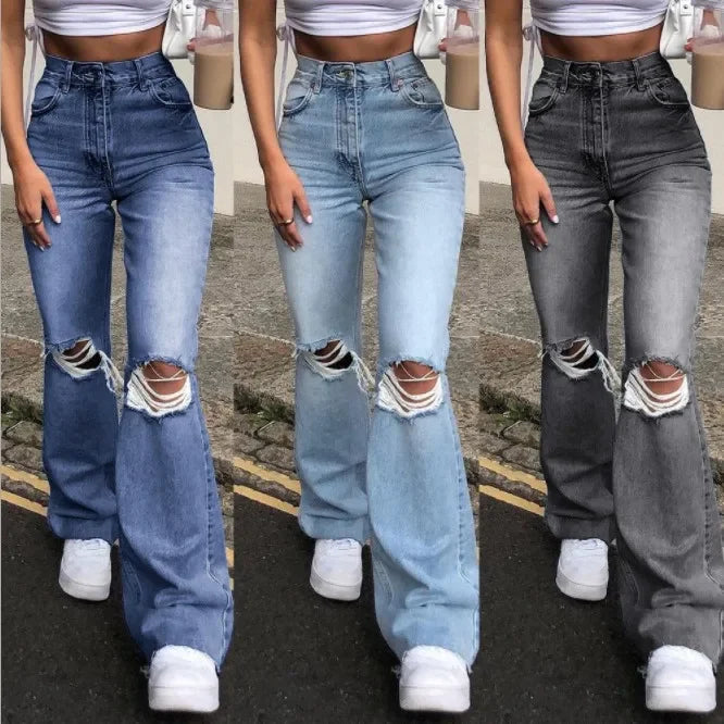 Women's Spring and Fall New Fashion Casual Ripped High-waisted Slightly Flared Pants Jeans Slim-fit Wash Jeans Long Pants Y2k