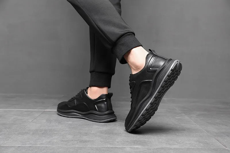 Real Genuine Leather Shoes Men Casual Jogging Athletic Walking Antiskid Sneakers Man Sport Hiking Loafers Top Quality 45 Black