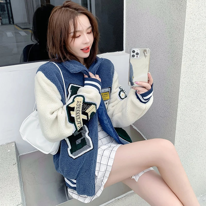 Women's Faux Fur Coat Long Sleeve Plush Jacket Letter Cartoon Embroidery Full-Zip Lady Fleece Jacket Winter Clothes Women 2024