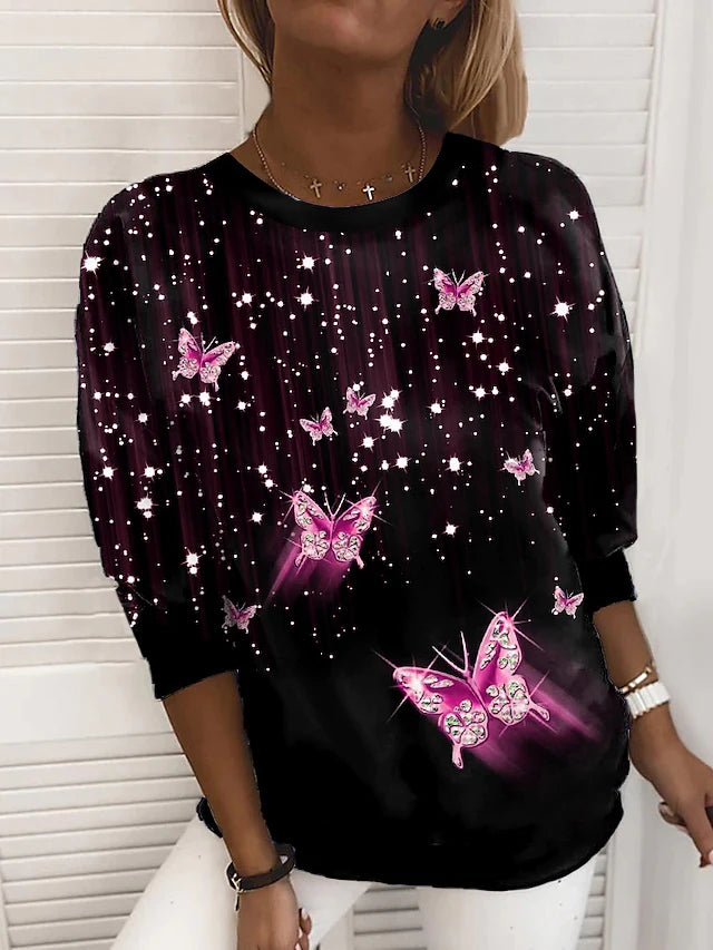 Butterfly Sparkly Painting Casual Weekend Long Sleeve