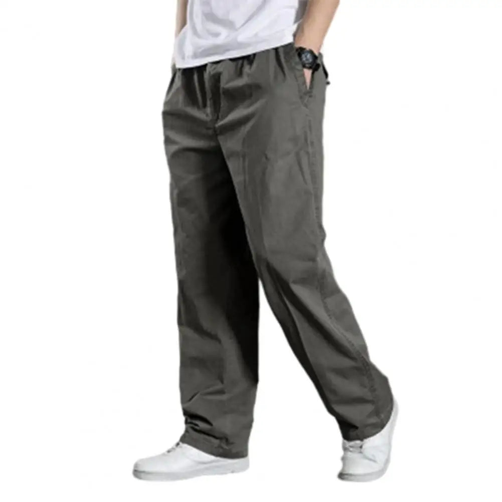 Men Cargo Pants Spring Fall Elastic Waist Drawstring Casual Pants Loose Large Pocket Male Straight Wide Leg Trousers