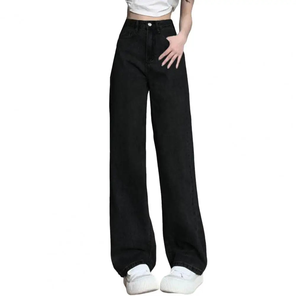 Women Jeans High Waist Button Zipper Closure Vintage Loose Fit Pockets Straight Wide Leg Streetwear Pants Daily Wear Long Trouse