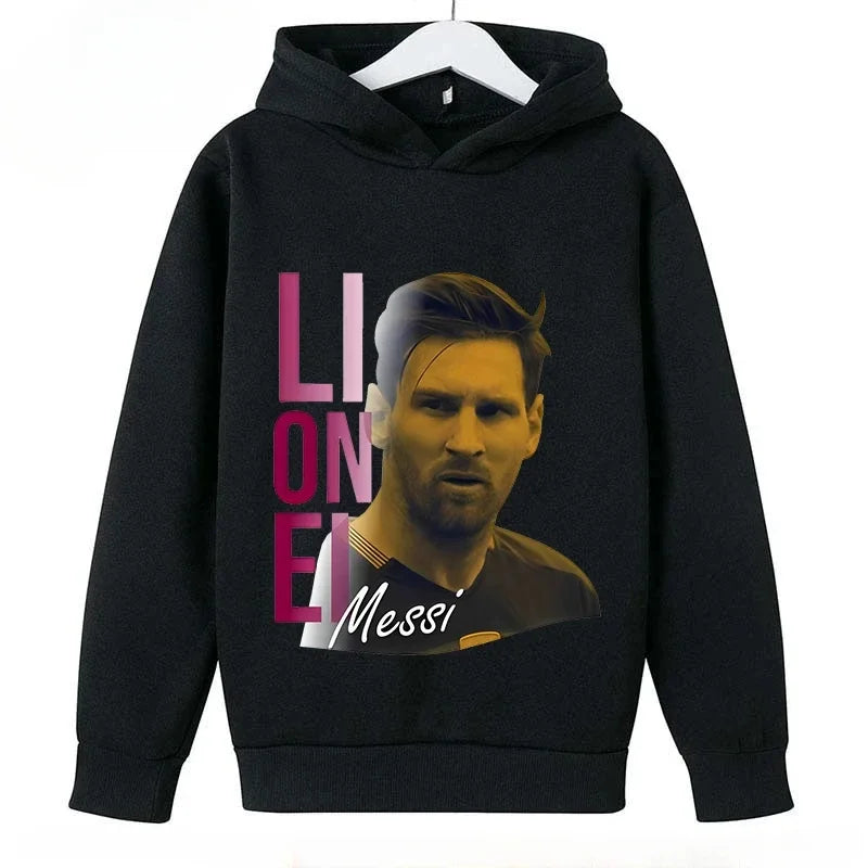 2024 Children's Sports Hoodies Spring and Autumn Children's Wear Pullover Casual Boys and Girls Black Tops Messi Print 4T-14T