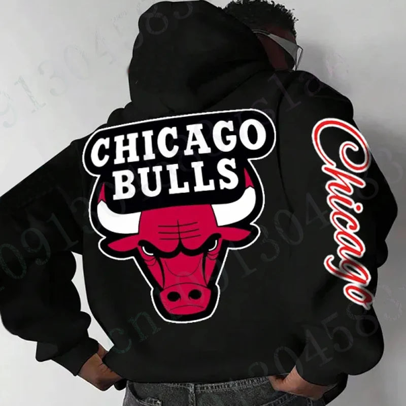 Oversized Men's Street Fashion Trend Chicago Bulls Pattern Versatile Cotton Sweatshirt Men's Pullover Men's Loose Hooded