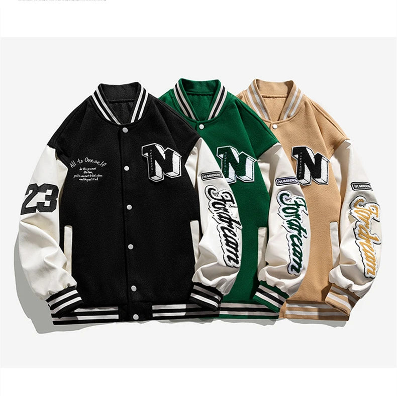 Men Varsity Baseball Bomber Jacket Hip Hop Harajuku Bone Letter Patchwork Leather Jackets Streetwear Women Unisex College Coats