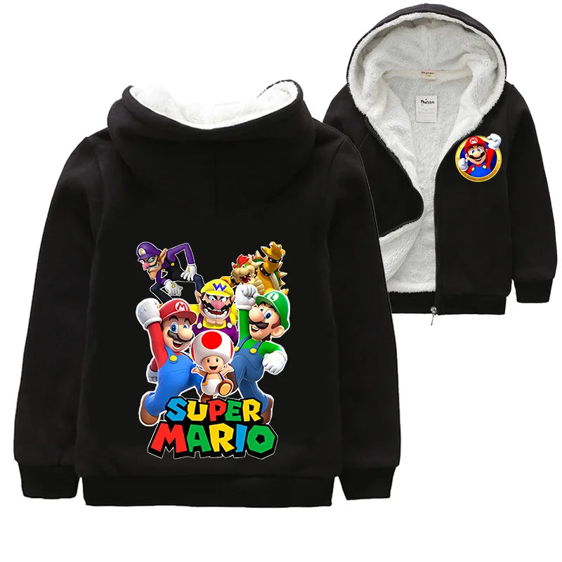 Mario Game Anime Peripheral Children's Clothing Warm Jacket Thickened Velvet Hooded Zipper Cardigan Coral Velvet Winter Coat