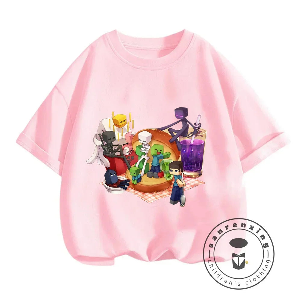 2024 Summer Minecraft Print Children Cotton T Shirts Cartoon Game Boys Girls Clothes Kids T-shirt Clothes For 3-13Y