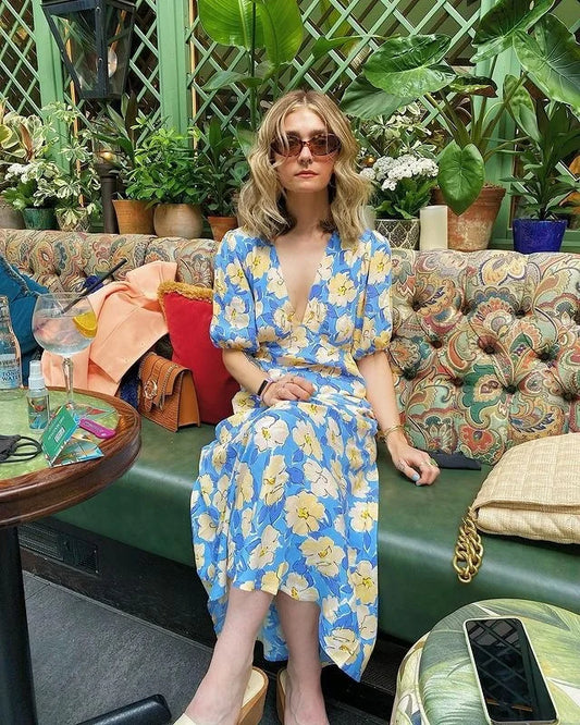 2023 New Yellow Floral Blue Printed V-Neck High Waist Midi Dress Women