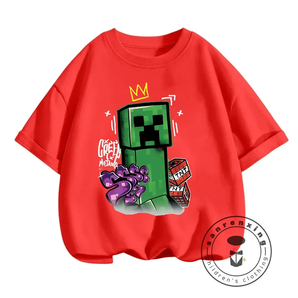 2024 Summer Minecraft Print Children Cotton T Shirts Cartoon Game Boys Girls Clothes Kids T-shirt Clothes For 3-13Y