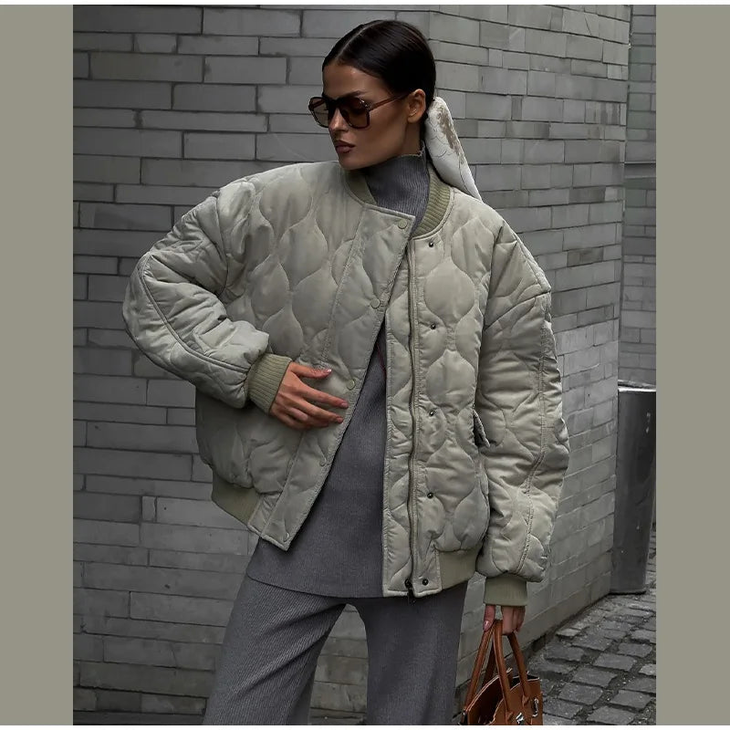 Chic Zipper With Button Quilted Bomber Cotton Jacket Women Casual Single Breasted Long Sleeve Pocket Coat Fall Lady Warm Outwear