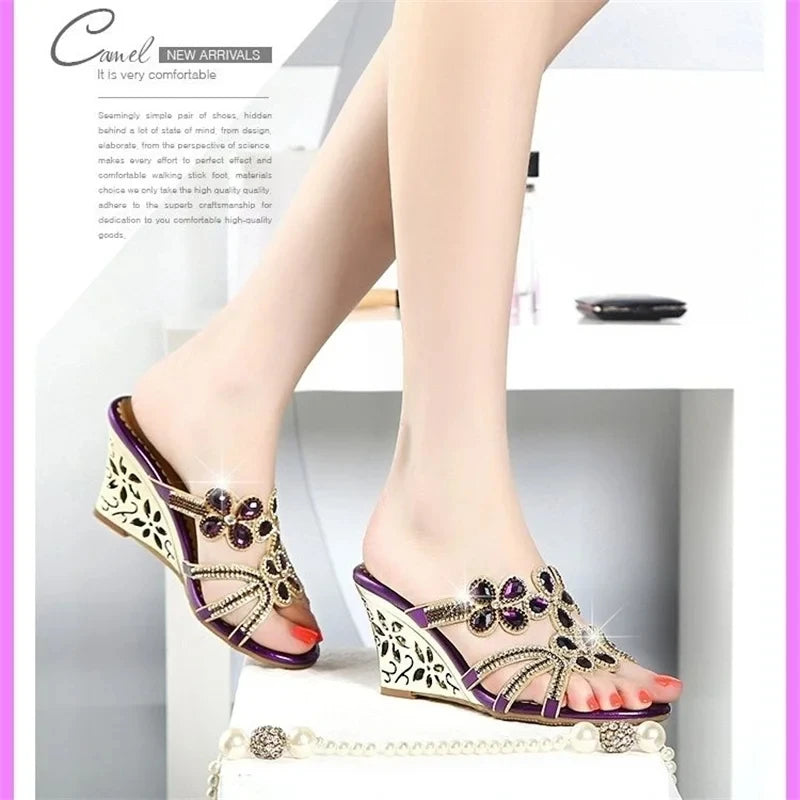 New Summer Fashion Genuine Leather Crystal Wedges Sandals