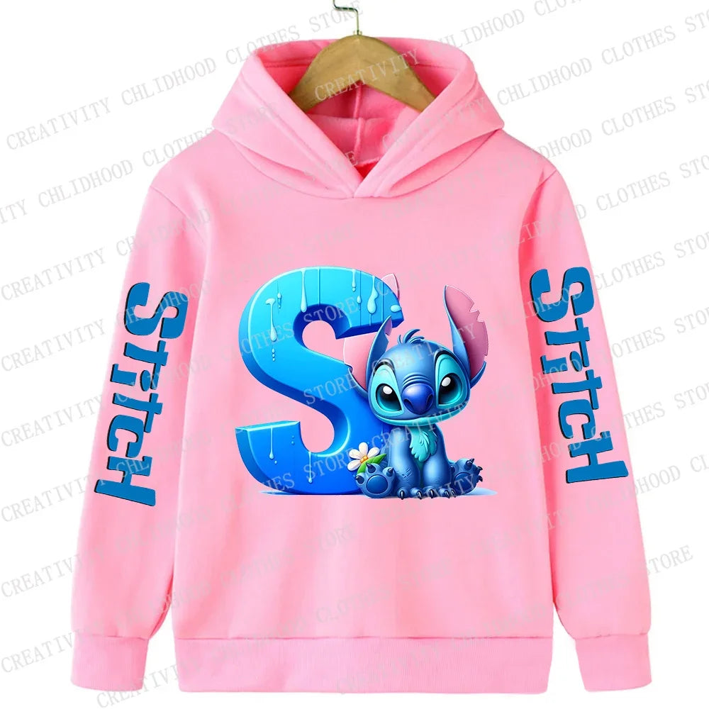 Stitch Children Hoodies 26 English Letters ABCD Kids Winter Pullover Casual Clothes Kid Girl Boy Cartoon Kawaii Tops Sweatshirts