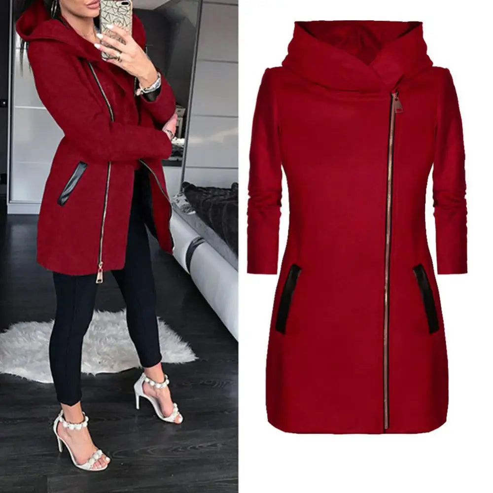 Women Fashion Solid Color Thicken Wadded Hooded Coat Zipper Midi Jacket Outwear Loose Outerwear Chic Tops