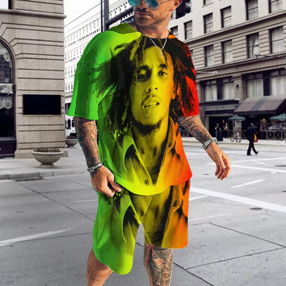 Hot Summer Men's Clothing 3d Printed Men's Bob Marley Printed Short Sleeve Shorts Two-Piece Man Casual Fashion Short Sleeve Suit