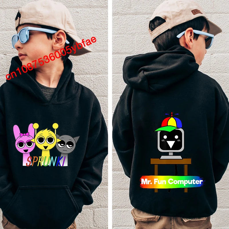 Cartoon Sprunki print kids hoodie black sports sweater casual children's clothing for boys