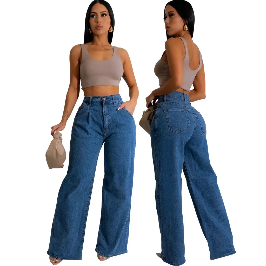 Jeans Women Long Pants Denim Wide Leg Pant Slim Fit Casual Y2k Streetwear Button Pocket High Waist Elegant Straight Trousers