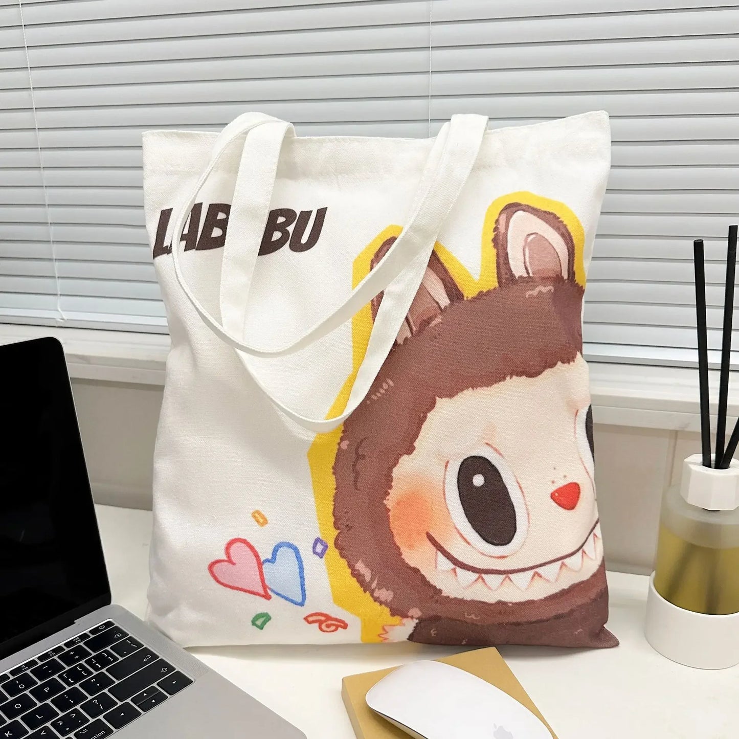 Labubu Canvas Bag Female Student Cute Cartoon Shopping HandBag Casual Shoulder Bag The Monsters Outdoor Travel Use YB13G