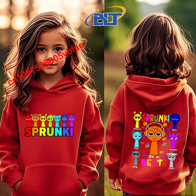 Cartoon Sprunki printed children's clothing kids hoodie red sports sweater casual tops for girls