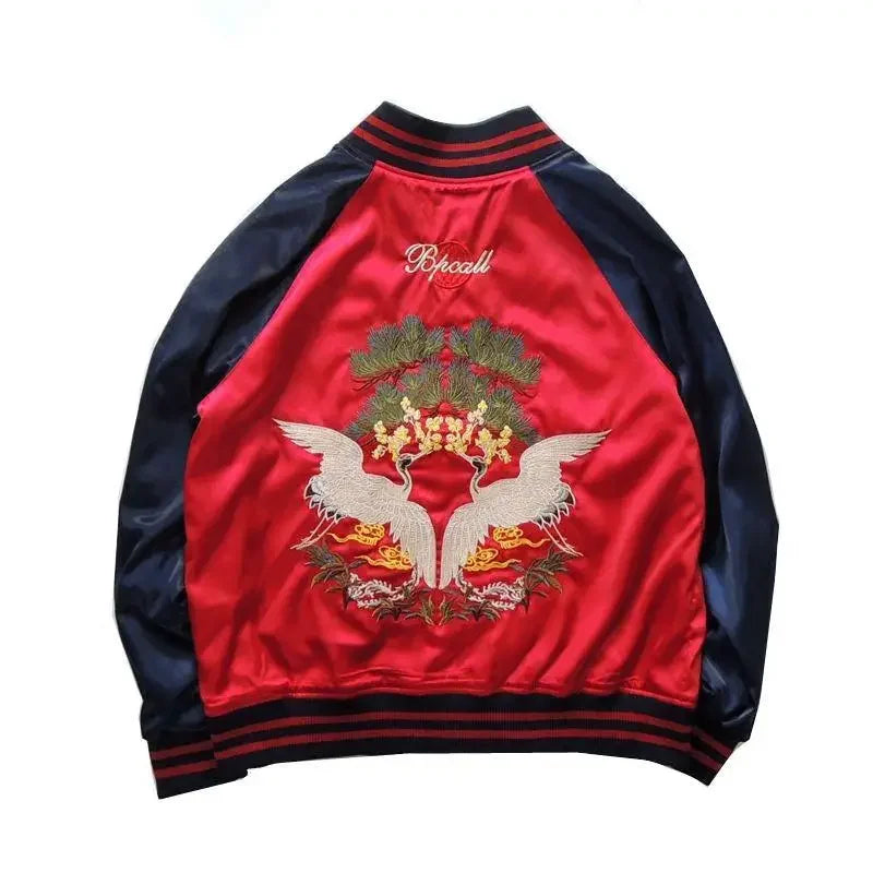 Harajuku Lovers Couples Bees Embroidery Reversible Jacket Faux Silk Baseball Satin Bomber Jacket Spring Double-sided Streetwear