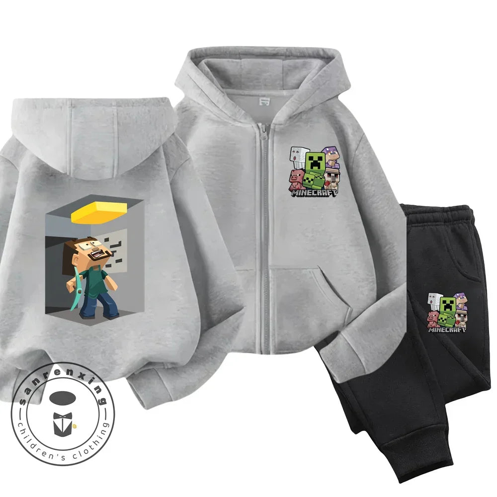 Minecraft Anime Printed Boys and Girls Hoodies Hoodies Zipper Set Casual Sports Fashion Top Pants 3-14 Years Old