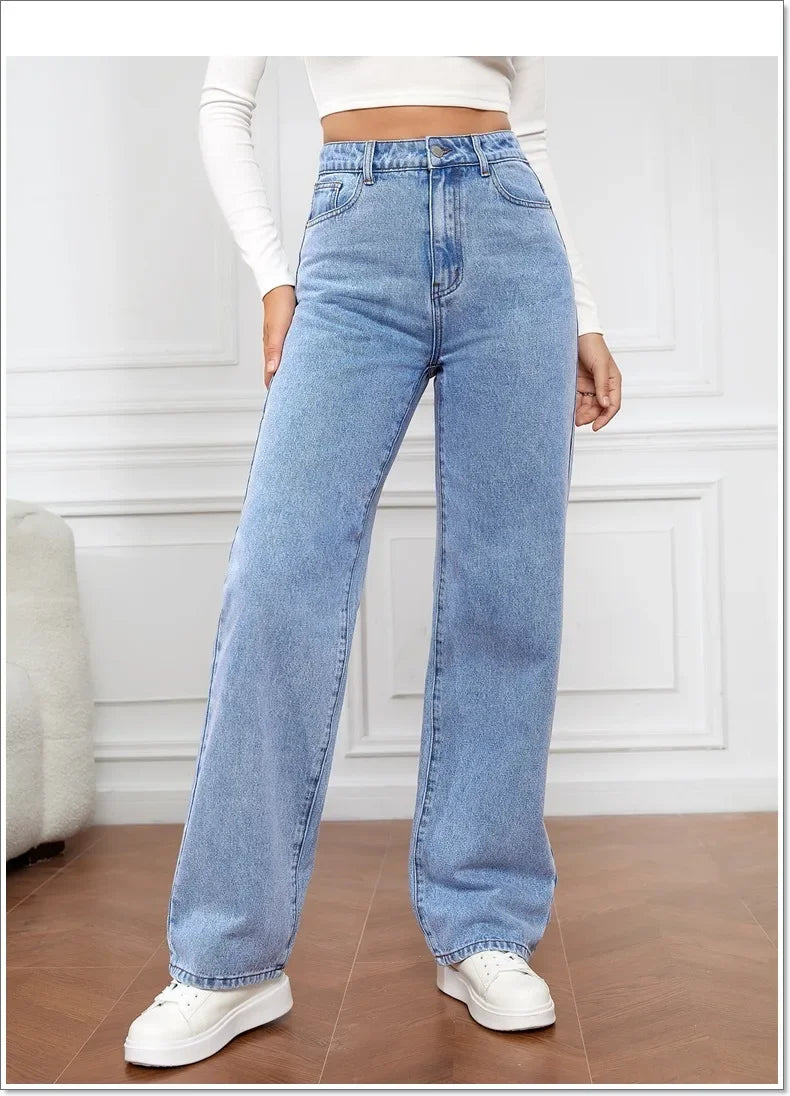 Denim Jeans Women Straight Pants Washing High Waist Loose Pockets Basics Ankle Length Y2k Blue Pants Streetwear Slight Strech