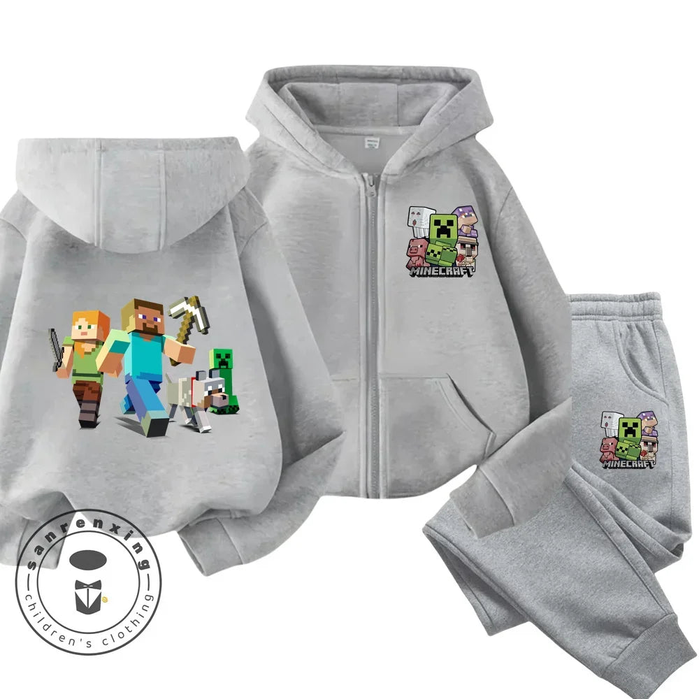 2024 New Minecraft Cherry Printed Hooded Zipper Hoodie Set for Boys and Girls Casual Top Children's Sports Comfort Set