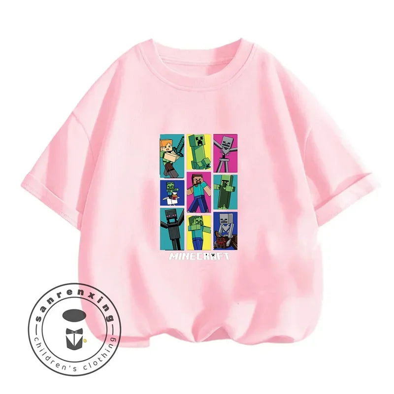 Minecraft Cartoon Printed Kids Summer Boy Girl T-shirt Solid Cotton Breathable Teenager Short Children TShirt For 3-10T Top